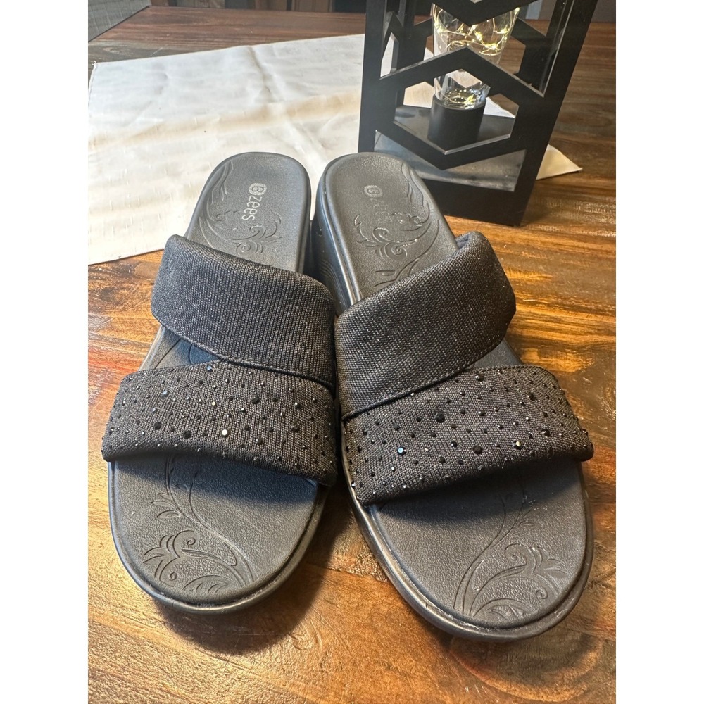 Slip On Wedge Sandals Zees Black Embellished Women Size 10M Dynasty Bright